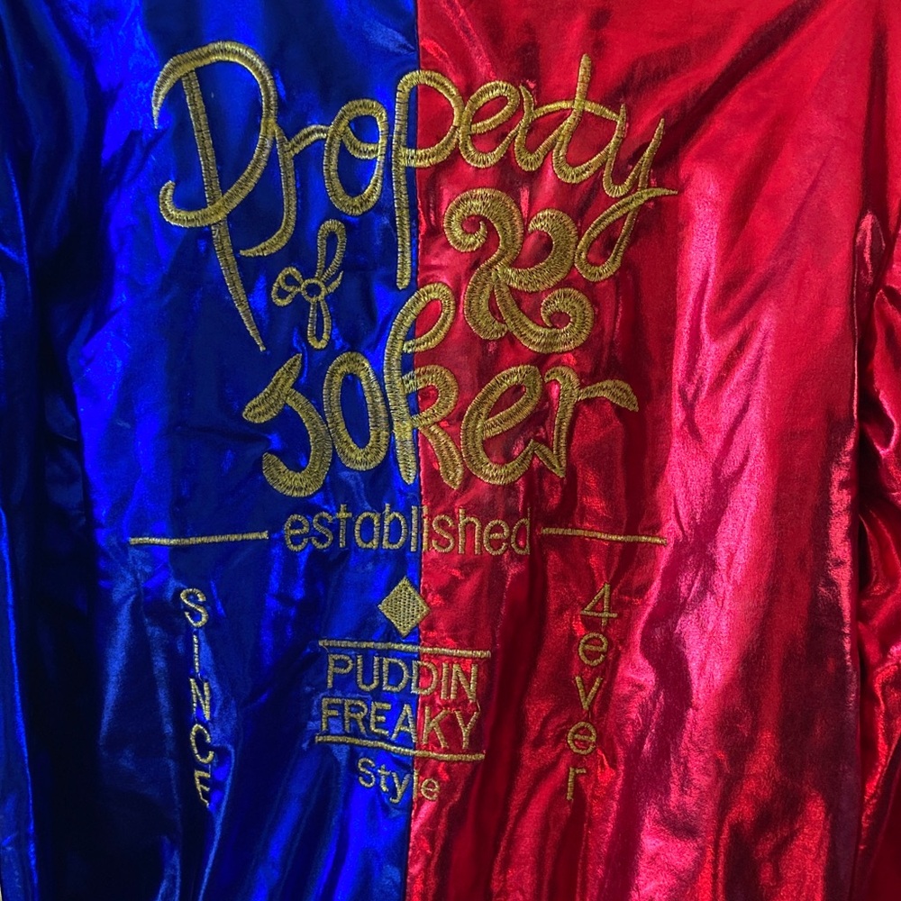 Girls Harley Quinn Joker Puddin Freak red blue gold jacket coat size M (14/16) - Picture 3 of 6